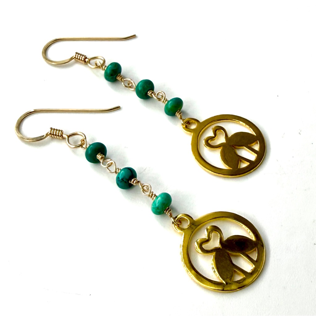 Gold Flamingo Heart Earrings, Turquoise Earrings